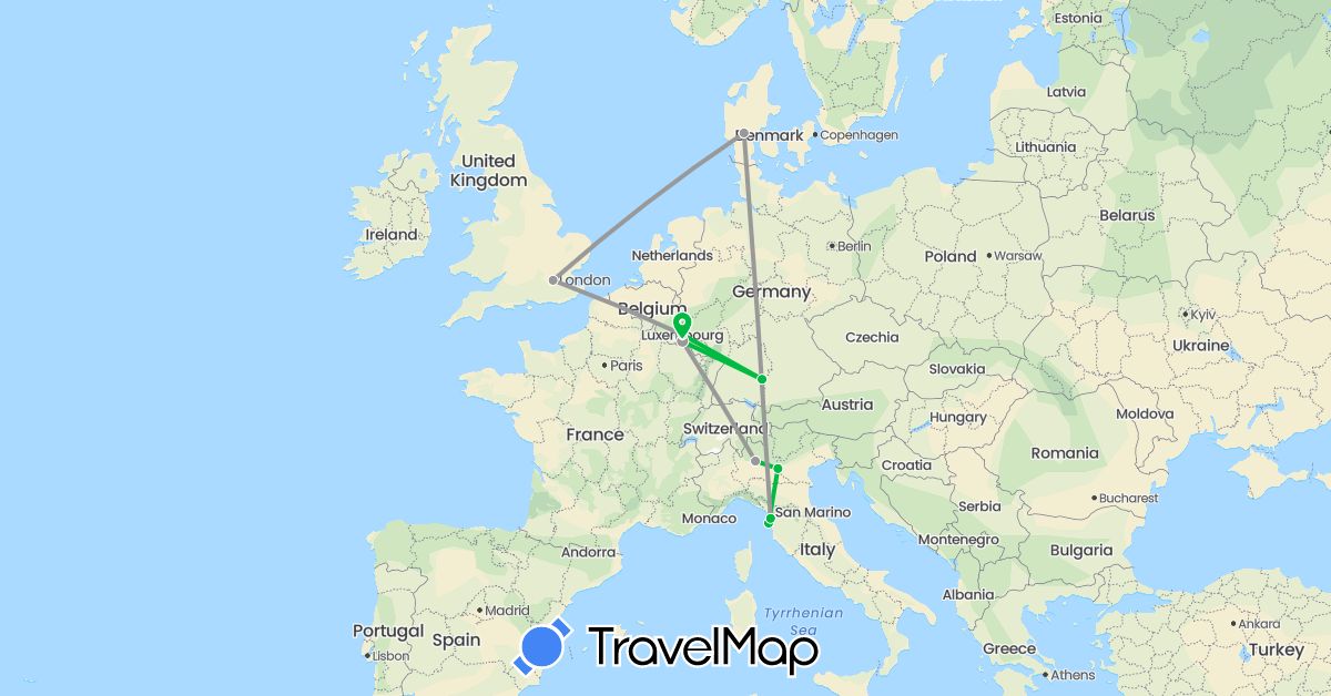 TravelMap itinerary: driving, bus, plane in Germany, Denmark, United Kingdom, Italy, Luxembourg (Europe)
